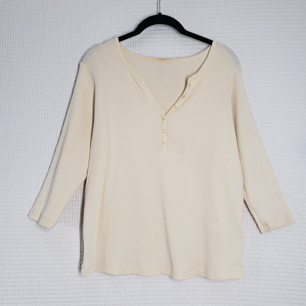 Vintage Faded Glory Ribbed V Neck Henley Top Womens 2X Yellow Long Sleeve Y2K